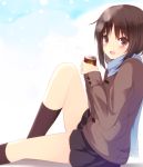  :d again8120 black_hair blush brown_eyes can highres holding leg_up open_mouth original scarf short_hair sitting skirt smile snowing solo 