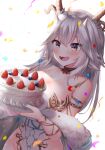  1girl :d animal_ears armlet bangs blue_nails blush bracelet breasts cake commentary confetti dutch_angle earrings english_commentary eyebrows_visible_through_hair fang food fruit fur_trim highres holding holding_plate horns jewelry keipup large_breasts leotard long_hair multiple_horns plate silver_hair skin_fang smile solo strapless strapless_leotard strawberry teeth thigh-highs upper_body upper_teeth vei_(vtuber) violet_eyes virtual_youtuber vshojo white_background white_leotard 