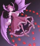  1girl brown_legwear closed_eyes danmaku dress fingernails hand_on_own_chest head_wings imperishable_night kuronuko_neero long_fingernails mystia_lorelei open_mouth purple_hair short_hair solo thighhighs touhou wings 