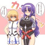  arisa_bannings belt blonde_hair blue_eyes blush breasts buckle cosplay earrings fate_testarossa fate_testarossa_(cosplay) fingerless_gloves flying_sweatdrops gauntlets gloves hairband highres jewelry kano-0724 large_breasts long_hair lyrical_nanoha mahou_shoujo_lyrical_nanoha_strikers multiple_girls purple_hair short_hair skirt takamachi_nanoha takamachi_nanoha_(cosplay) translated translation_request tsukimura_suzuka 