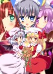  aqua_eyes ascot bat_wings blonde_hair blue_eyes blue_hair blush book bouquet braid crescent dress fang flandre_scarlet flower green_eyes hair_ribbon hat hat_ribbon highres hong_meiling houraisan_kaguya izayoi_sakuya long_hair looking_at_viewer maid maid_headdress multiple_girls open_mouth patchouli_knowledge purple_eyes purple_hair red_eyes red_hair redhead remilia_scarlet ribbon rika-tan_(artist) short_hair side_ponytail silver_hair skirt_removed smile touhou twin_braids violet_eyes wings 