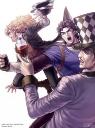  argyle blonde_hair blue_eyes brown_hair cup facial_hair fingerless_gloves gloves hat jojo_no_kimyou_na_bouken jonathan_joestar multiple_boys mustache robert_eo_speedwagon scar sion_usuke top_hat will_anthonio_zeppeli william_antonio_zeppeli wine wine_glass 