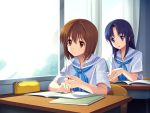  blue_eyes blue_hair braid brown_eyes brown_hair classroom cygnus_(artist) face hands mechanical_pencil multiple_girls original pencil revision school_uniform serafuku short_hair 