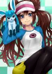  black_legwear blue_eyes bow brown_hair checkered checkered_background double_bun glaceon long_hair looking_at_viewer mei_(pokemon) pantyhose pokemon pokemon_(game) pokemon_bw2 raglan_sleeves ribbon shorts smile twintails visor_cap yakan_7 