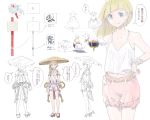  blonde_hair bloomers blue_eyes bow bracelet camisole character_sheet creature geta hands_on_hips hat japanese_clothes jewelry kouhaku_nawa long_hair magical_girl original pomodorosa rice_hat risa_hibiki rope standing traditional_clothes 