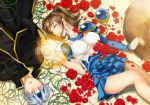  1girl aldiana arle_nadja blue_hair brown_hair character_request closed_eyes cover eyes_closed hairband long_hair lying male on_back open_mouth ponytail puyopuyo schezo short_hair sleeping smile 
