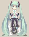  blush boots detached_sleeves green_eyes green_hair hatsune_miku head_tilt highres long_hair necktie shiitake_(mm0820) simple_background sitting skirt solo speaker thigh-highs thigh_boots thighhighs twintails very_long_hair vocaloid 