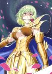  armor breasts cape cleavage_cutout cosplay flower full_armor green_hair h-new highres kazami_yuuka mouth_hold petals pisces pisces_aphrodite rose saint_seiya short_hair solo touhou yellow_eyes 