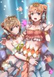  2girls :d air_bubble ajapar arm_around_shoulder armlet bangs bracelet breasts brown_eyes brown_hair bubble cleavage commentary_request croptop double_bun earrings eyebrows_visible_through_hair fish hair_ornament hand_up highres hug jewelry kunikida_hanamaru love_live! love_live!_sunshine!! mermaid_costume midriff multiple_girls navel neck_ribbon necklace open_mouth orange_hair pearl pink_shirt ribbon see-through_sleeves shirt short_sleeves smile star star_hair_ornament starfish_earrings takami_chika underwater violet_eyes white_shirt yellow_neckwear 