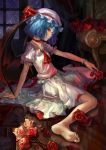  ascot barefoot bat_wings blue_hair feet flower hat hat_ribbon highres holding holding_flower l.green red_eyes red_rose remilia_scarlet ribbon rose sitting skirt slit_pupils soles solo toes touhou wariza window wings wrist_cuffs 