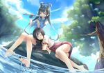  barefoot feet feet_in_water flute gloves instrument luo_tianyi multiple_girls rock soaking_feet soles toes vocaloid water yuezheng_ling zi_se 