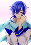  closed_eyes colored eyes_closed highres jespersen kaito monochrome scarf short_hair smile solo vocaloid 
