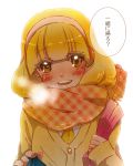  :d blonde_hair hairband holding kise_yayoi kuzumochi long_hair looking_at_viewer necktie open_mouth precure scarf smile smile_precure! solo translated translation_request white_background yellow_eyes 