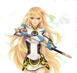  ahoge blonde_hair drawing gradient_hair green_hair long_hair miho_(mi) milla_maxwell multicolored_hair red_eyes scabbard serious sheath skirt solo sword tales_of_(series) tales_of_xillia tales_of_xillia_2 weapon white_background 