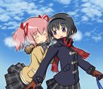  2girls :d akemi_homura black_hair closed_eyes coat gloves hair_ribbon hairband hands_on_another&#039;s_shoulders highres kaname_madoka long_hair looking_at_another looking_back mahou_shoujo_madoka_magica multiple_girls open_mouth pink_hair ribbon sat-c scarf short_hair short_twintails skirt smile twintails violet_eyes 