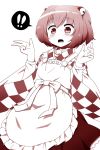  1girl apron bell character_name checkered checkered_shirt clothes_writing hair_bell hair_ornament highres jingle_bell long_sleeves manjyuuya monochrome motoori_kosuzu open_mouth short_hair solo touhou twintails wide_sleeves 