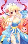  :d anniversary archbishop blonde_hair blush braid breasts cleavage cross dress flower long_hair mitha open_mouth outline ragnarok_online smile solo thigh-highs thighhighs thighs title_drop 