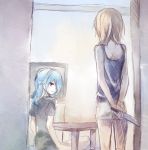 blue_hair character_request from_behind hair_over_one_eye inazuma_eleven_(series) kazemaru_ichirouta knife sitting standing yuukiarisu 