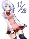  black_legwear blue_eyes blush bow bowtie dated nail_polish original plaid school_uniform silver_hair simple_background solo thigh-highs thighhighs tsukumiya_amane twintails white_background zettai_ryouiki 