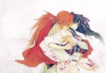  bandage black_hair closed_eyes couple eyes_closed himura_kenshin hug japanese_clothes kamiya_kaoru long_hair ponytail red_hair redhead rurouni_kenshin samurai yugit 