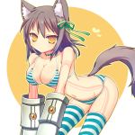  ayuto bent_over bikini black_hair breasts cat_ears cleavage original revision short_hair striped striped_bikini striped_legwear striped_swimsuit swimsuit tail thigh-highs thighhighs yellow_eyes 