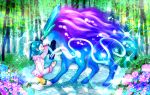  1girl aqua_eyes aqua_hair bad_anatomy bangs bike_shorts closed_eyes creature crystal_(pokemon) eyes_closed flower forest grass hachimaru_(ediciusa) nature patting petting pokemon pokemon_(creature) pokemon_(game) pokemon_gsc shining sitting suicune twintails water 