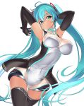  aqua_eyes aqua_hair armpits arms_up black_gloves black_legwear breasts dairiseki elbow_gloves gloves hatsune_miku hatsune_miku_(append) highres long_hair miku_append open_mouth race_queen solo thigh-highs thighhighs twintails very_long_hair vocaloid vocaloid_append 