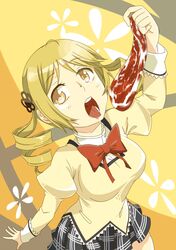  blonde_hair breasts drill_hair food hair_ornament highres large_breasts mahou_shoujo_madoka_magica meat nonone_(the9thxsheep) open_mouth plaid plaid_skirt pleated_skirt saliva school_uniform skirt solo taut_shirt tomoe_mami yellow_eyes 