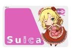  1girl blonde_hair blush chibi clearite dress green_eyes idolmaster idolmaster_cinderella_girls long_hair looking_at_viewer sakurai_momoka smile solo suica wink 