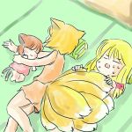  animal_ears arm_pillow bare_arms blonde_hair brown_hair cat_ears cat_tail chen child closed_eyes dress fox_ears fox_tail long_hair lying mikashimo mikasimo multiple_girls multiple_tails on_back on_side open_mouth pillow pink_dress short_hair skirt sleeping sleeveless sleeveless_shirt smile summer sweat tail tatami touhou yakumo_ran yakumo_yukari young 