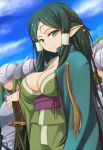  breasts cleavage cloak green_eyes green_hair hair_tubes helmet katana long_hair pointy_ears sakuya_(sao) sword sword_art_online weapon 