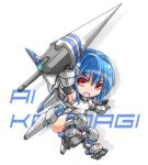  blue_hair blue_legwear bob_cut character_name chibi cyber_angels_valforce densou_tenshi_valforce elbow_gloves flat_chest gloves hair_intakes hair_ornament huge_weapon kannagi_ai karukan_(monjya) lance mecha_musume mechanical_arm one-piece_swimsuit polearm red_eyes short_hair solo swimsuit thigh-highs thighhighs thrusters weapon white_swimsuit 