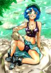  1girl absurdres ankle_boots aqua_eyes bike_shorts blue_hair boots bosatsu_touge breasts clothes_around_waist dappled_sunlight fat_mons gloves grin hair_bobbles hair_ornament hat highres jewelry kawashiro_nitori key midriff navel pendant short_hair short_twintails sitting smile solo sports_bra spread_legs toned touhou twintails wet wrench 