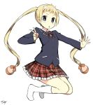  :o artist_name blazer blonde_hair blue_eyes chuunibyou_demo_koi_ga_shitai! dekomori_sanae frilled_skirt highres kneehighs long_hair no_shoes plaid plaid_skirt school_uniform skirt sky_(freedom) solo twintails very_long_hair white_legwear 