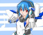  blue_hair cyber_angels_valforce densou_tenshi_valforce elbow_gloves flat_chest gloves headphones kannagi_ai karukan_(monjya) listening_to_music mecha_musume mechanical_arms one-piece_swimsuit open_mouth red_eyes short_hair smile solo swimsuit thrusters white_swimsuit 