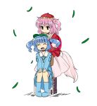  blue_hair closed_eyes cucumber eyes_closed hair_bobbles hair_ornament kawashiro_mitori kawashiro_nitori multiple_girls nibi nichijou open_mouth original parody pink_hair red_eyes simple_background sitting smile touhou white_background 