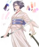  black_eyes black_hair drawr japanese_clothes kara_no_kyoukai katana kimono moratorian obi ryougi_shiki sheath sheathed short_hair solo sword weapon 