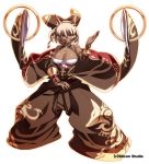  animal_ears arm_up bare_shoulders blonde_hair blue_eyes bow breasts cleavage copyright_request dark_skin detached_sleeves fighting_stance hair_bow hair_ribbon hairbad hairband jewelry pant_leg_past_ankles pants ribbon ring short_hair solo tasaka_shinnosuke wide_sleeves 