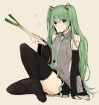  arm_support detached_sleeves feet green_eyes green_hair gyw hatsune_miku long_hair looking_at_viewer necktie simple_background sitting skirt smile solo spring_onion thigh-highs thighhighs twintails very_long_hair vocaloid 