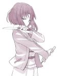  dual_wielding jacket japanese_clothes kara_no_kyoukai katana kimono knife monochrome purple ryougi_shiki shirabi_(life-is-free) short_hair solo sword weapon 