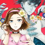  1boy 1girl black_hair blue_eyes brown_hair choker dress earrings flower hairband headband jewelry jojo_no_kimyou_na_bouken kishibe_rohan nail_polish pen sewenan short_hair sugimoto_reimi 