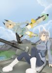  animal_ears aurora_e_juutilainen bag black_legwear blonde_hair boots eila_ilmatar_juutilainen flat_gaze grey_hair gun hatsumi_nekuta highres jacket machine_gun mg42 military military_uniform military_vehicle multiple_girls open_mouth pantyhose purple_eyes satchel siblings sisters sitting strike_witches striker_unit tail tank uniform vehicle violet_eyes weapon white_legwear 