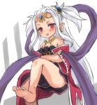  1girl :o bare_shoulders barefoot character_request crossed_arms earrings elf feet jewelry minnku open_mouth pandora_(rune_factory) pink_eyes pointy_ears rune_factory rune_factory_oceans sitting solo toes white_hair 