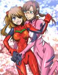  blue_eyes brown_hair evangelion:_3.0_you_can_(not)_redo eyepatch glasses hug hug_from_behind kanou long_hair makinami_mari_illustrious multiple_girls neon_genesis_evangelion orange_hair plugsuit rebuild_of_evangelion shikinami_asuka_langley smile soryu_asuka_langley souryuu_asuka_langley 