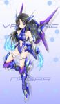  black_hair blue_eyes blue_fire breasts cyber_angels_valforce densou_tenshi_valforce elbow_gloves fire full_body gloves highres karukan_(monjya) kuroha_nagare leotard long_hair mecha_musume navel navel_cutout robot_ears solo thigh_strap thrusters white_gloves 