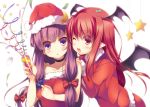  :o ;d alternate_costume bare_shoulders blue_eyes blush bow christmas collar collarbone confetti crescent hat head_wings holding koakuma long_hair looking_at_viewer multiple_girls open_mouth party_popper patchouli_knowledge pointy_ears purple_eyes purple_hair red_eyes red_hair redhead santa_costume santa_hat smile star touhou twintails violet_eyes wings wink yanagi_yuu 