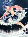  adapted_costume blue_dress blue_eyes blue_hair bow checkered_dress cirno dress forest frills hair_bow long_sleeves looking_at_viewer morinaga_kobato nature night open_mouth outstretched_arm outstretched_hand petticoat scarf shirt short_hair sky smile solo star_(sky) starry_sky touhou wings winter 