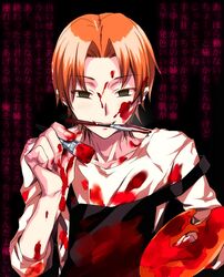  apron black_eyes blood blood_on_face chocolate_lover fate/zero fate_(series) mouth_hold orange_hair paintbrush palette scalpel smock translation_request uryuu_ryuunosuke 