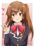  :d blazer blush bow brown_eyes brown_hair bust chuunibyou_demo_koi_ga_shitai! hair_ornament hairclip heart long_hair looking_at_viewer nibutani_shinka one_side_up open_mouth school_uniform shinekalta smile solo v 