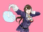  1girl ashigara_(kantai_collection) bosatsu_touge breasts brown_eyes brown_hair gloves hairband headset highres kantai_collection long_hair military military_uniform outstretched_arm solo speech_bubble uniform white_gloves 